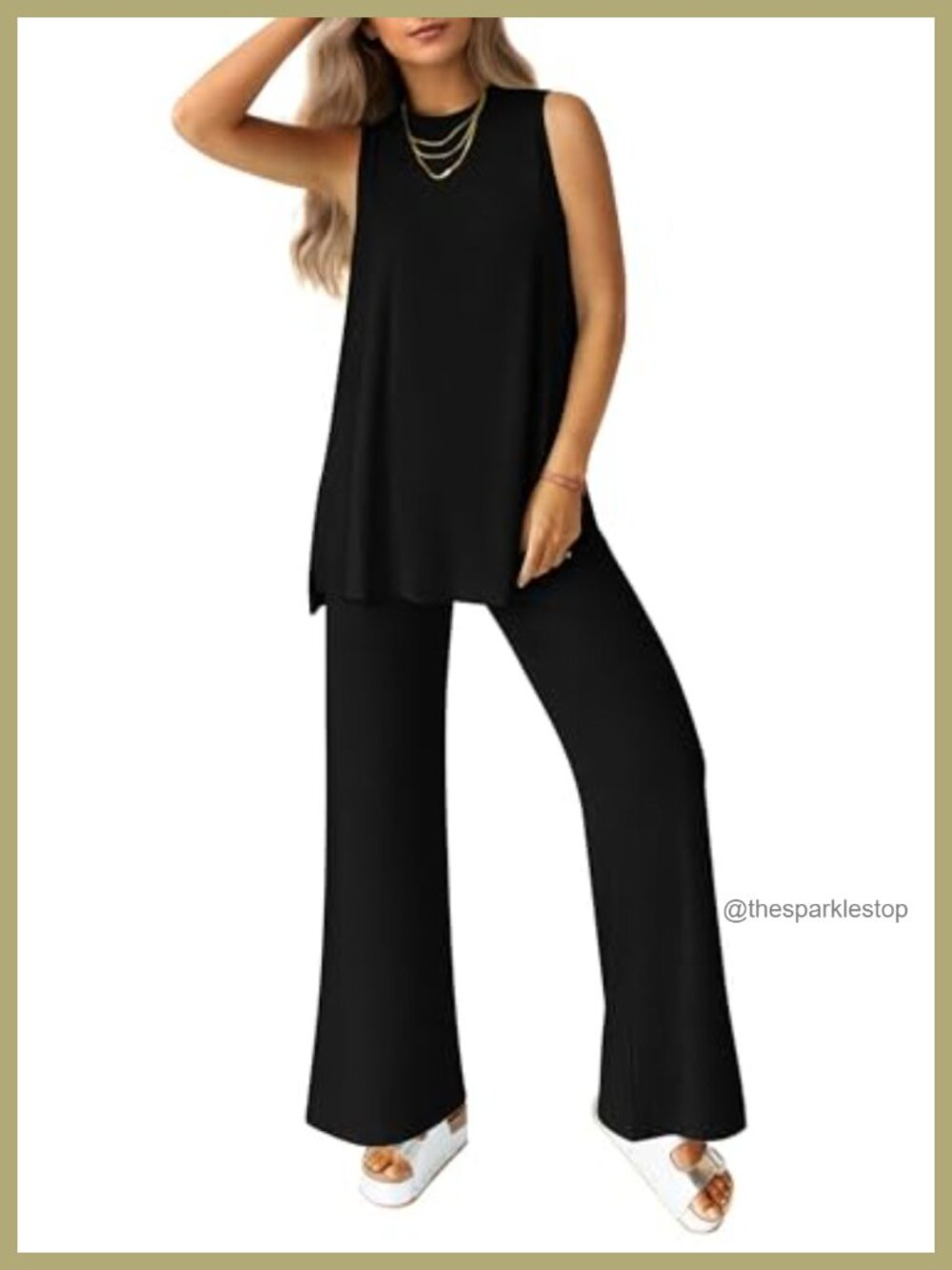 2 Piece Lounge Set Sleeveless Tank Top Wide Leg Pants Travel Outfit